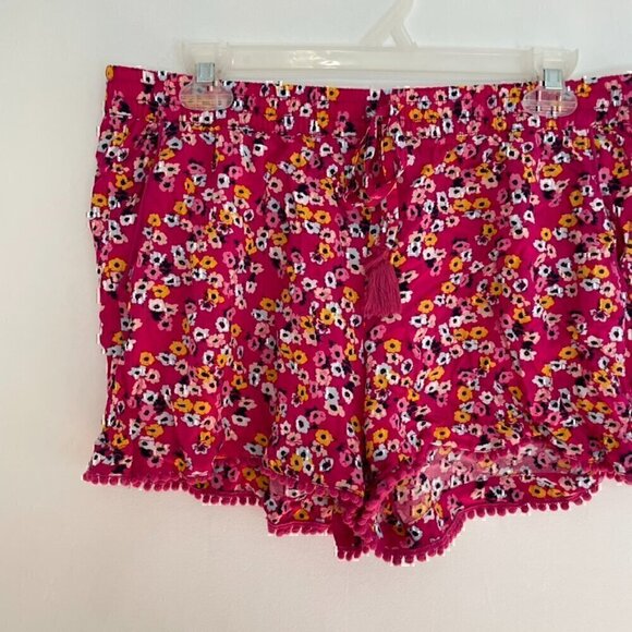 A.N.A Magenta Pink Blue Mustard Floral Pull On Drawstring Pom Pom Trim Shorts L - Picture 2 of 11